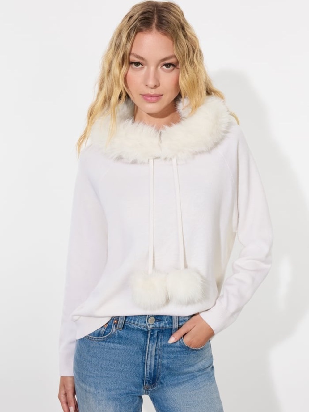 Alice + Olivia Ivory Faux-Fur Trim Cowl Sweater